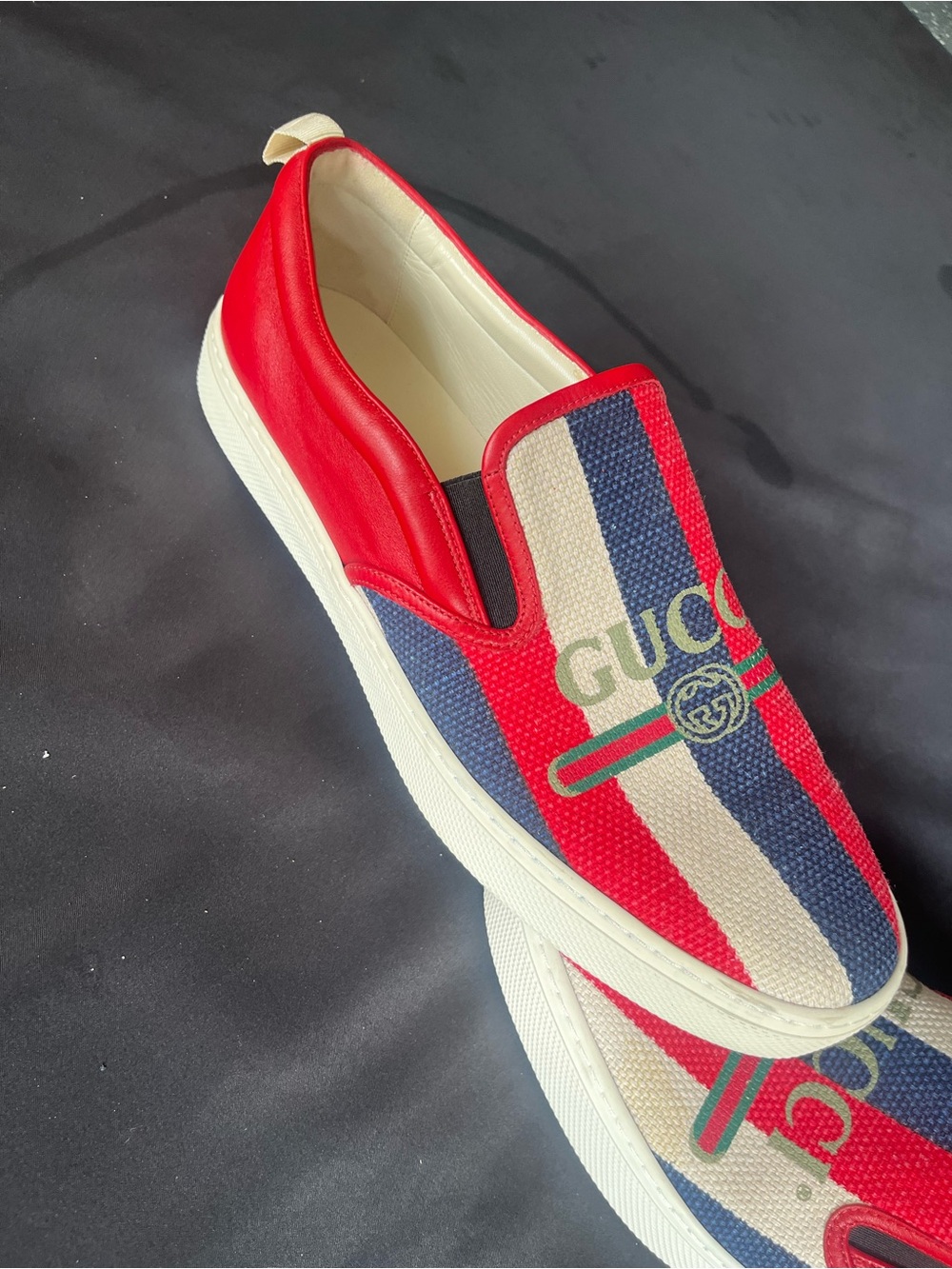Gucci Red, Blue & White Stripe Slip-On Loafers - Picture 2 of 2